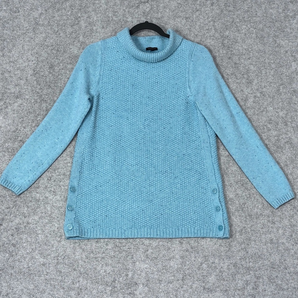 Talbots Turtleneck Sweater Womens Medium Teal Confetti Knit Button Side‎ Cozy